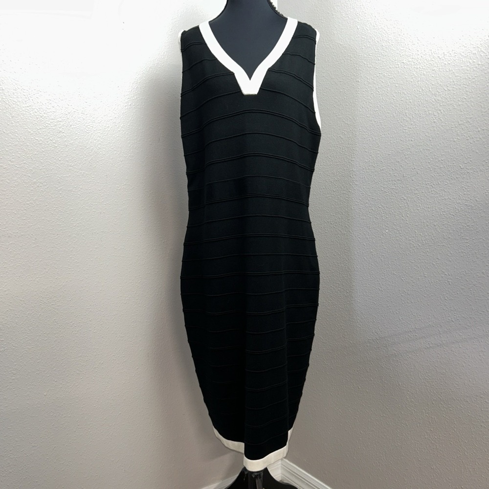New Ashley Stewart‎ Bodycon Dress Women's 18/20 Black Ribbed White Trim Cocktail